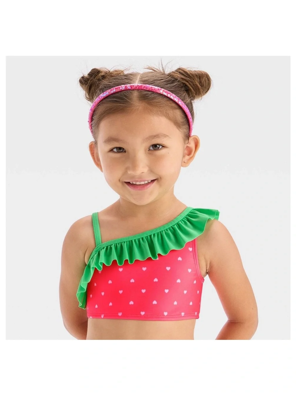 Strawberry 🍓 Cat & Jack Pink and Green One-Shoulder Ruffle Bikini